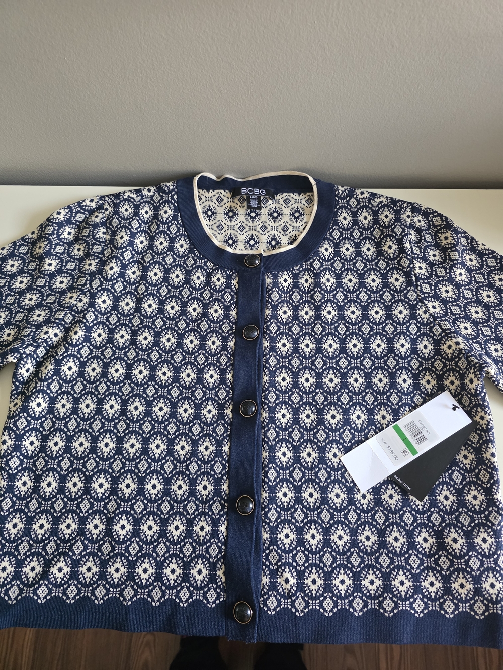 BCBG Navy and White Geometric Knit Cardigan Blazer